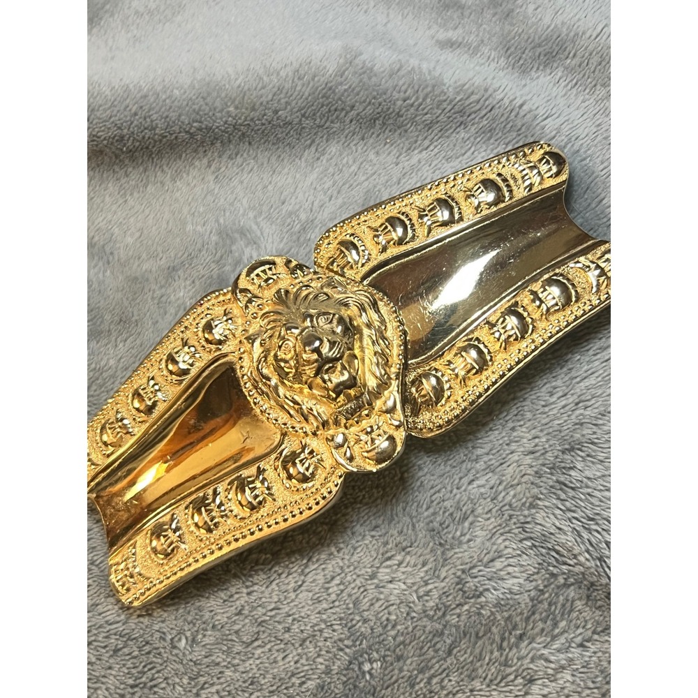 Vintage Accessocraft NYC Gold Tone Lion Head Ornate Stretch Belt Buckle 80's